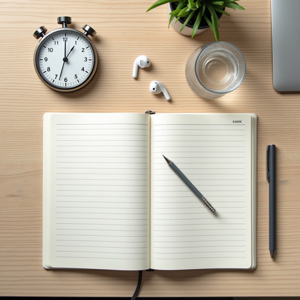 Clean organised study space with timer and notebook