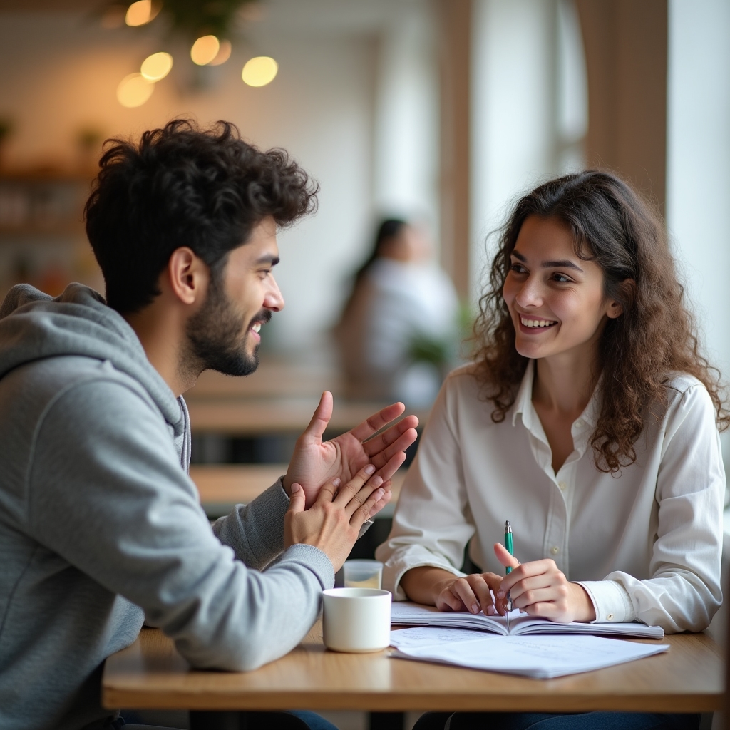 Two students discussing study strategies together