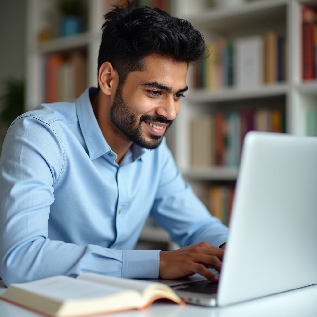 Student working with study materials on a laptop